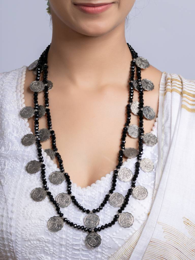 Double Layer Black Crystal Coin Necklace Set : LAANP267