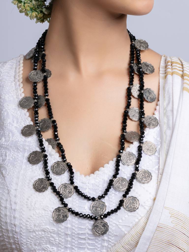 Double Layer Black Crystal Coin Necklace Set : LAANP267