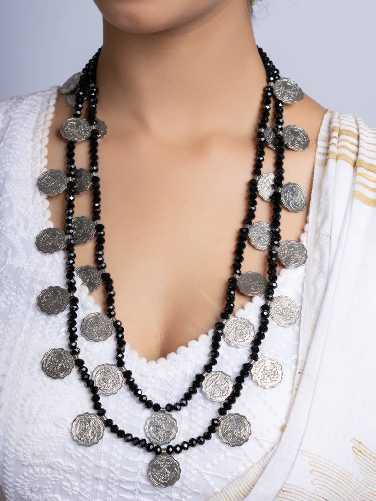 Double Layer Black Crystal Coin Necklace Set : LAANP267