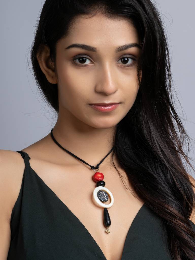 Black White Red Lava Onyx Coral Sleek Necklace With Adjustable Suede Cord : LAANP204