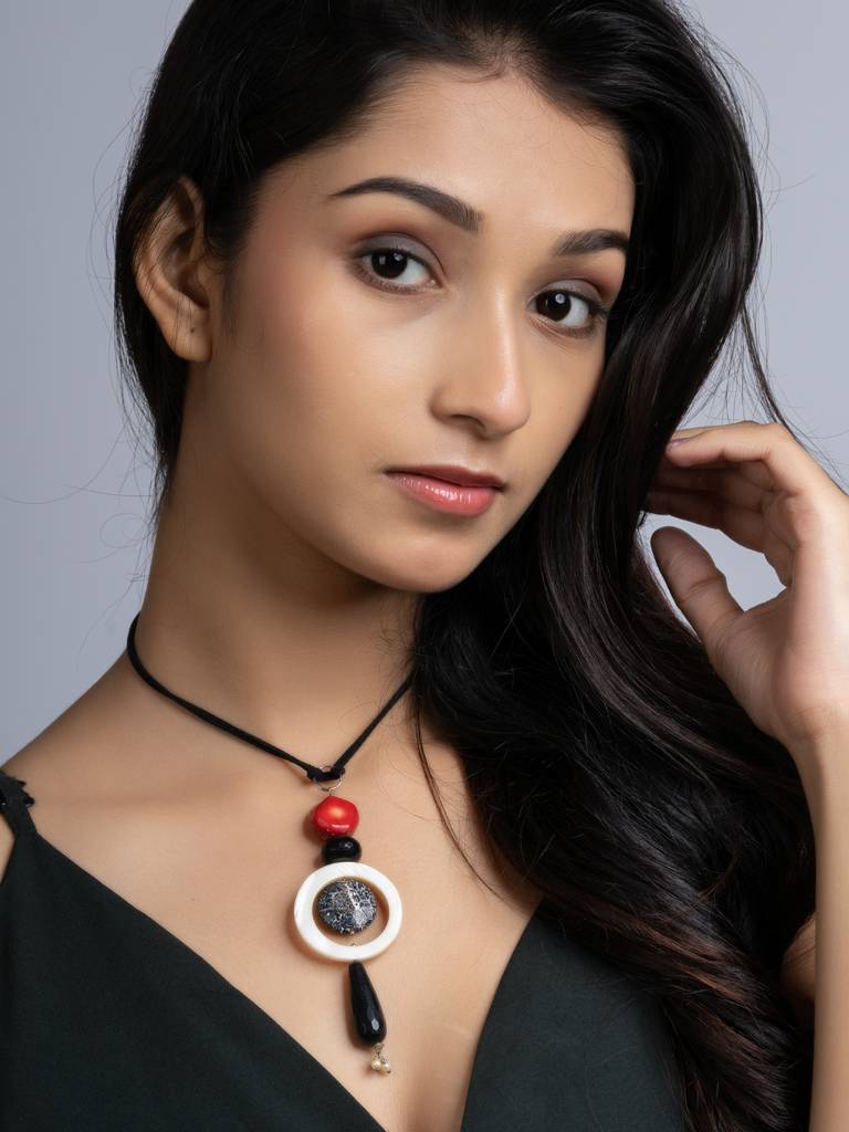 Black White Red Lava Onyx Coral Sleek Necklace With Adjustable Suede Cord : LAANP204
