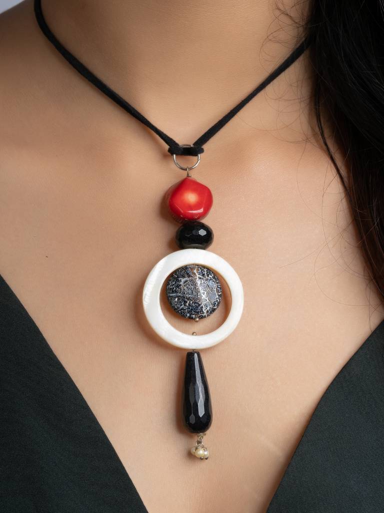 Black White Red Lava Onyx Coral Sleek Necklace With Adjustable Suede Cord : LAANP204