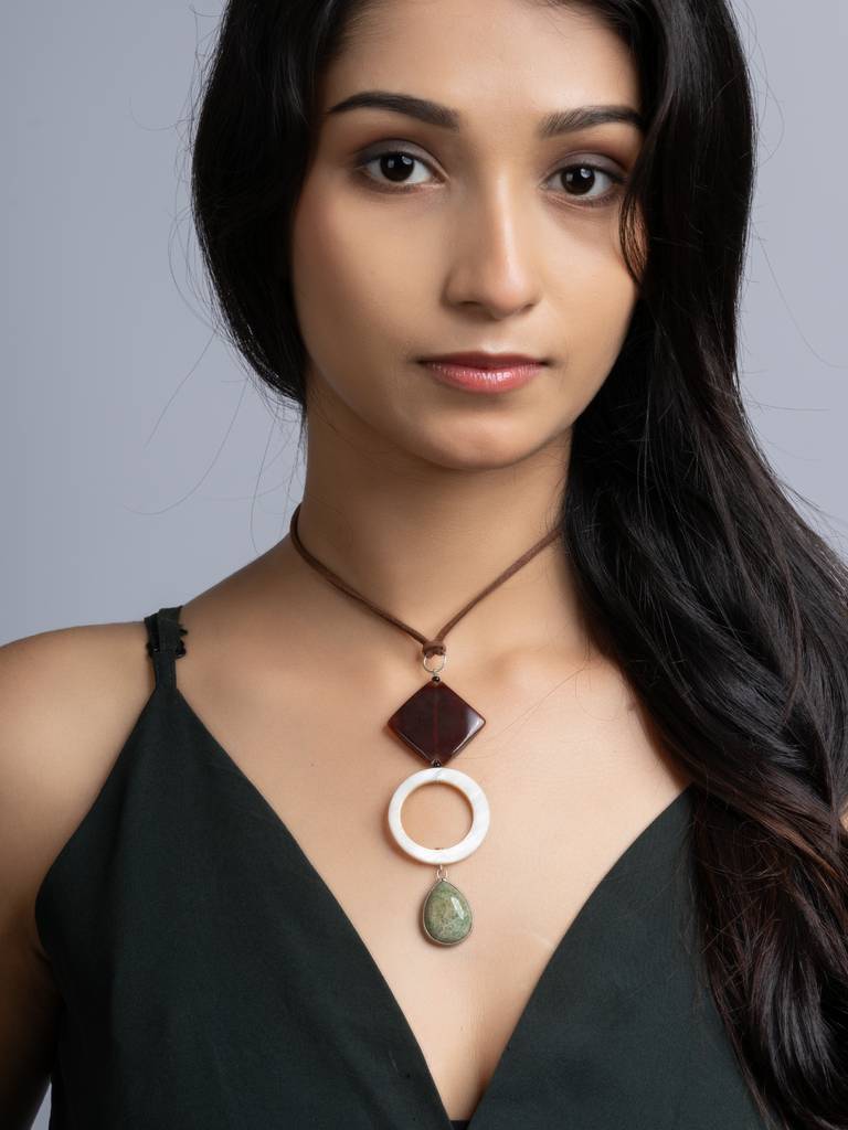 Brown White Green Onyx Agate Mother Of Pearl Sleek Necklace With Adjustable Suede Cord : LAANP218