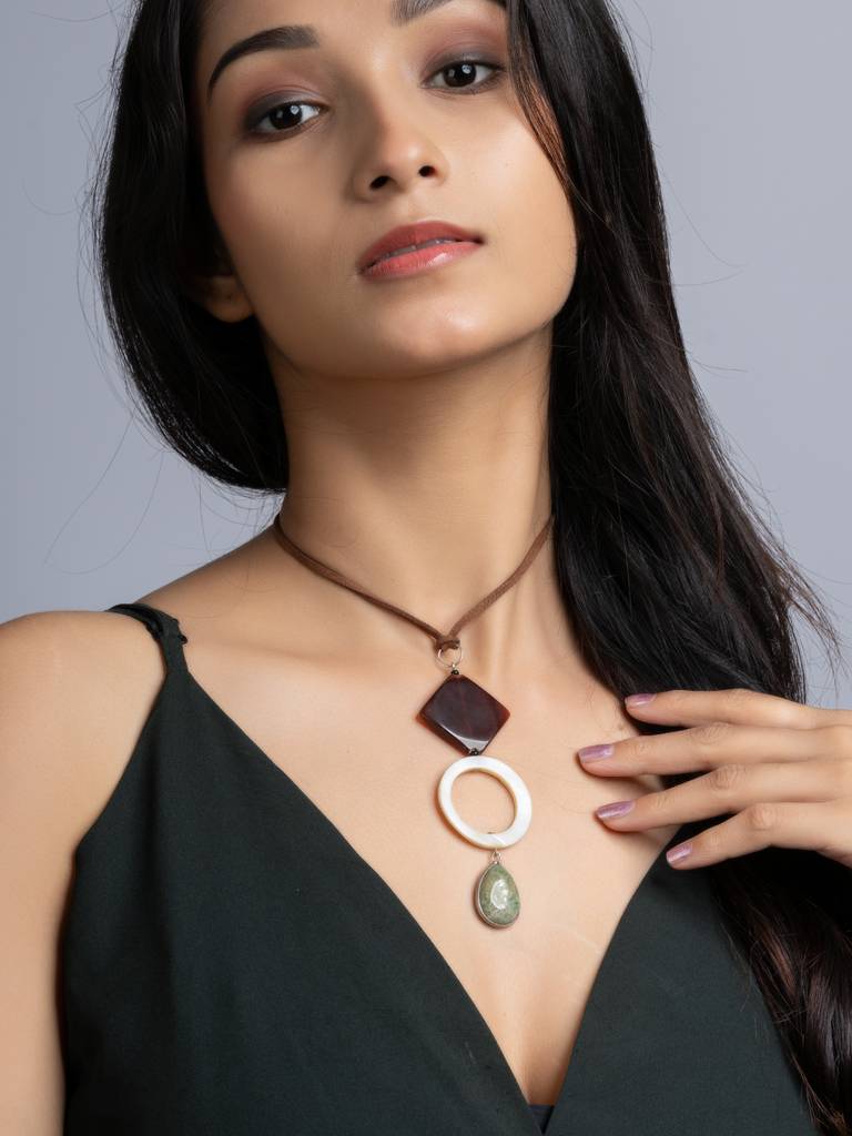 Brown White Green Onyx Agate Mother Of Pearl Sleek Necklace With Adjustable Suede Cord : LAANP218