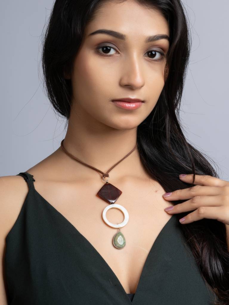 Brown White Green Onyx Agate Mother Of Pearl Sleek Necklace With Adjustable Suede Cord : LAANP218