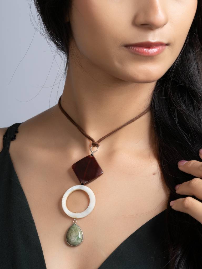 Brown White Green Onyx Agate Mother Of Pearl Sleek Necklace With Adjustable Suede Cord : LAANP218