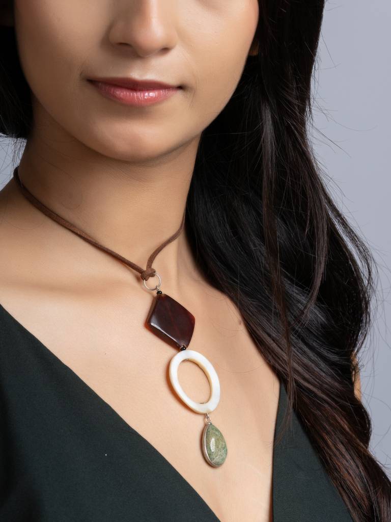 Brown White Green Onyx Agate Mother Of Pearl Sleek Necklace With Adjustable Suede Cord : LAANP218
