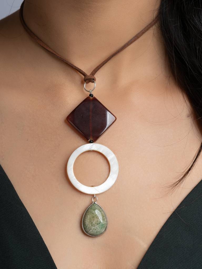 Brown White Green Onyx Agate Mother Of Pearl Sleek Necklace With Adjustable Suede Cord : LAANP218