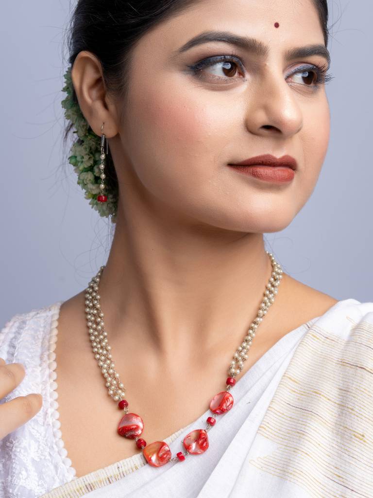 Red Mother Of Pearl Coral & Pearl Chain Necklace Set : LAANP143