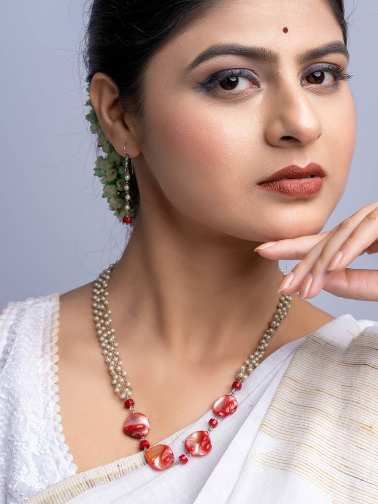 Red Mother Of Pearl Coral & Pearl Chain Necklace Set : LAANP143
