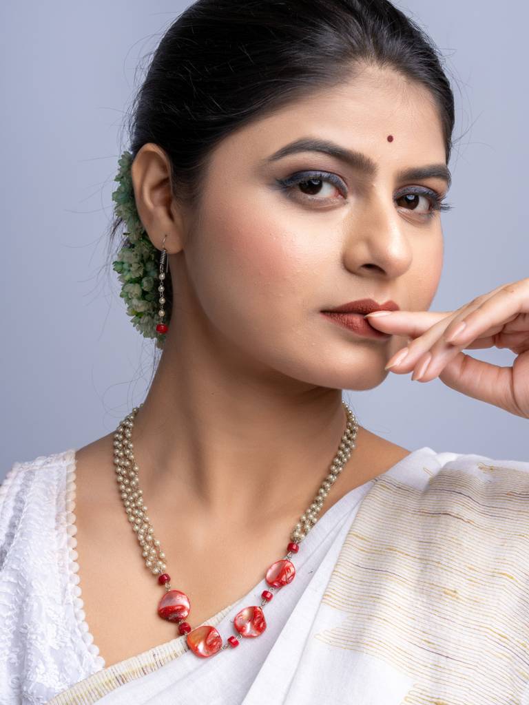 Red Mother Of Pearl Coral & Pearl Chain Necklace Set : LAANP143