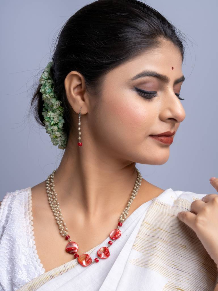 Red Mother Of Pearl Coral & Pearl Chain Necklace Set : LAANP143