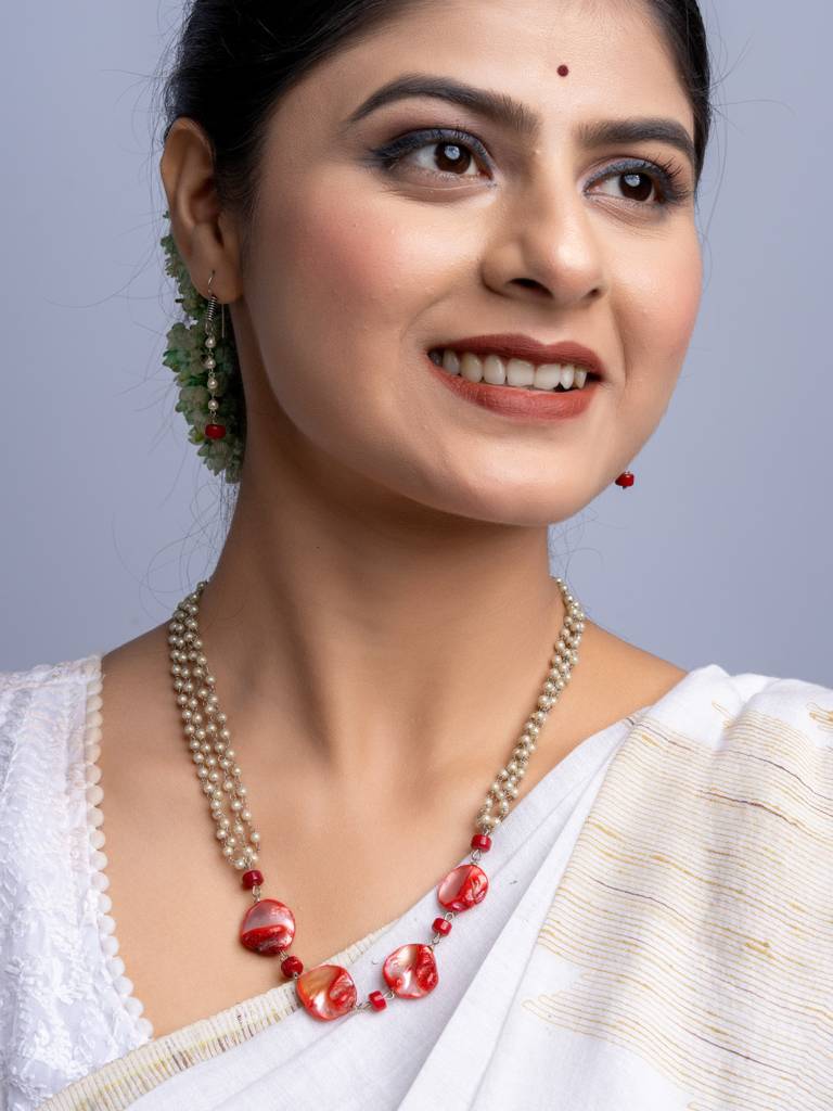 Red Mother Of Pearl Coral & Pearl Chain Necklace Set : LAANP143