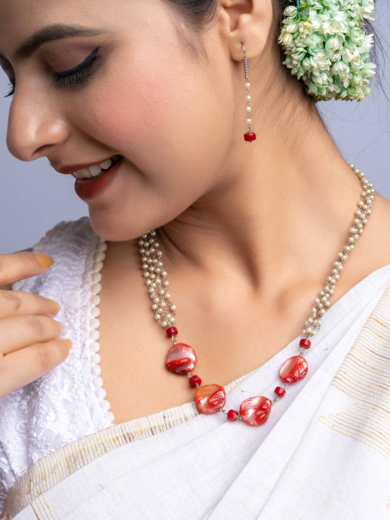 Red Mother Of Pearl Coral & Pearl Chain Necklace Set : LAANP143