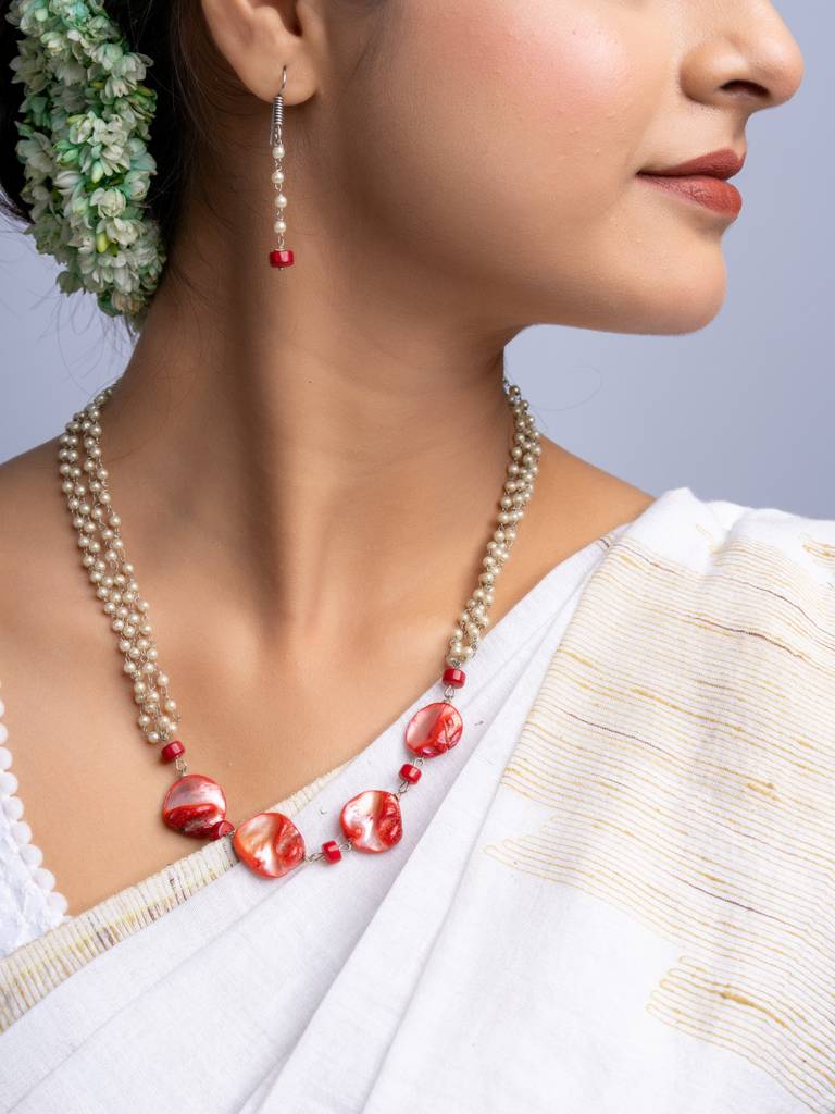 Red Mother Of Pearl Coral & Pearl Chain Necklace Set : LAANP143