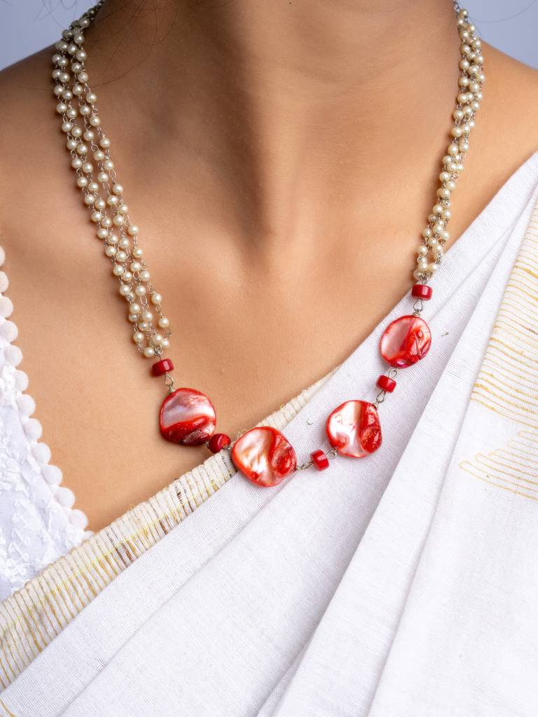 Red Mother Of Pearl Coral & Pearl Chain Necklace Set : LAANP143