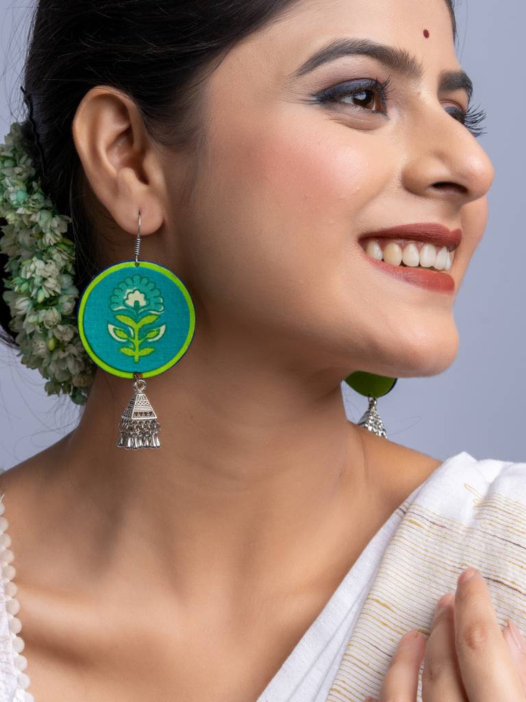 Teal Green Fabric German Silver Jhumka Earrings : LAAER671