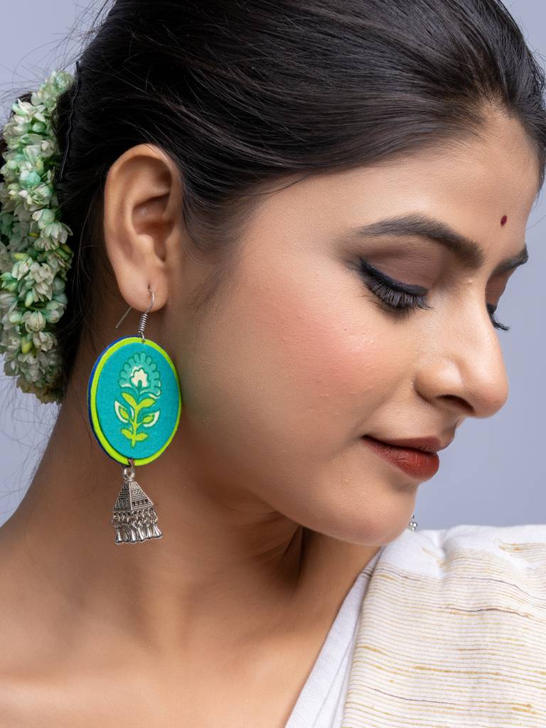 Teal Green Fabric German Silver Jhumka Earrings : LAAER671