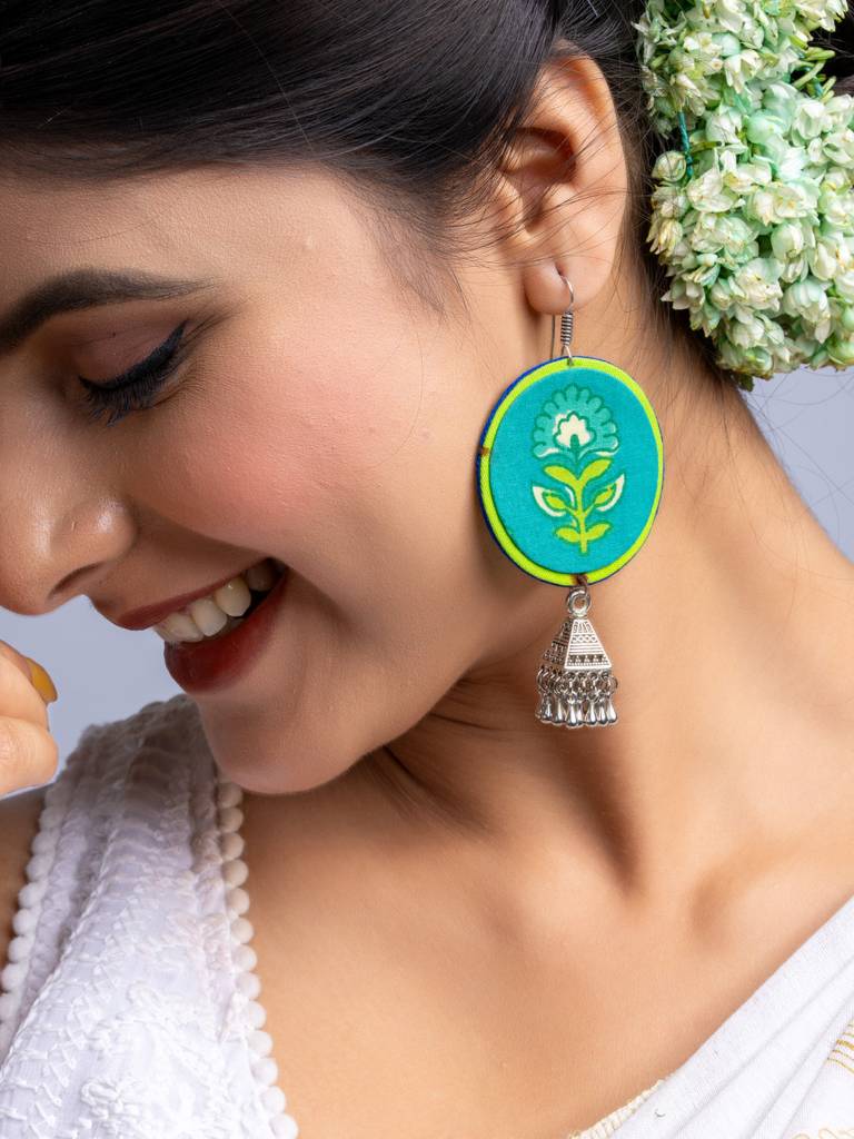 Teal Green Fabric German Silver Jhumka Earrings : LAAER671