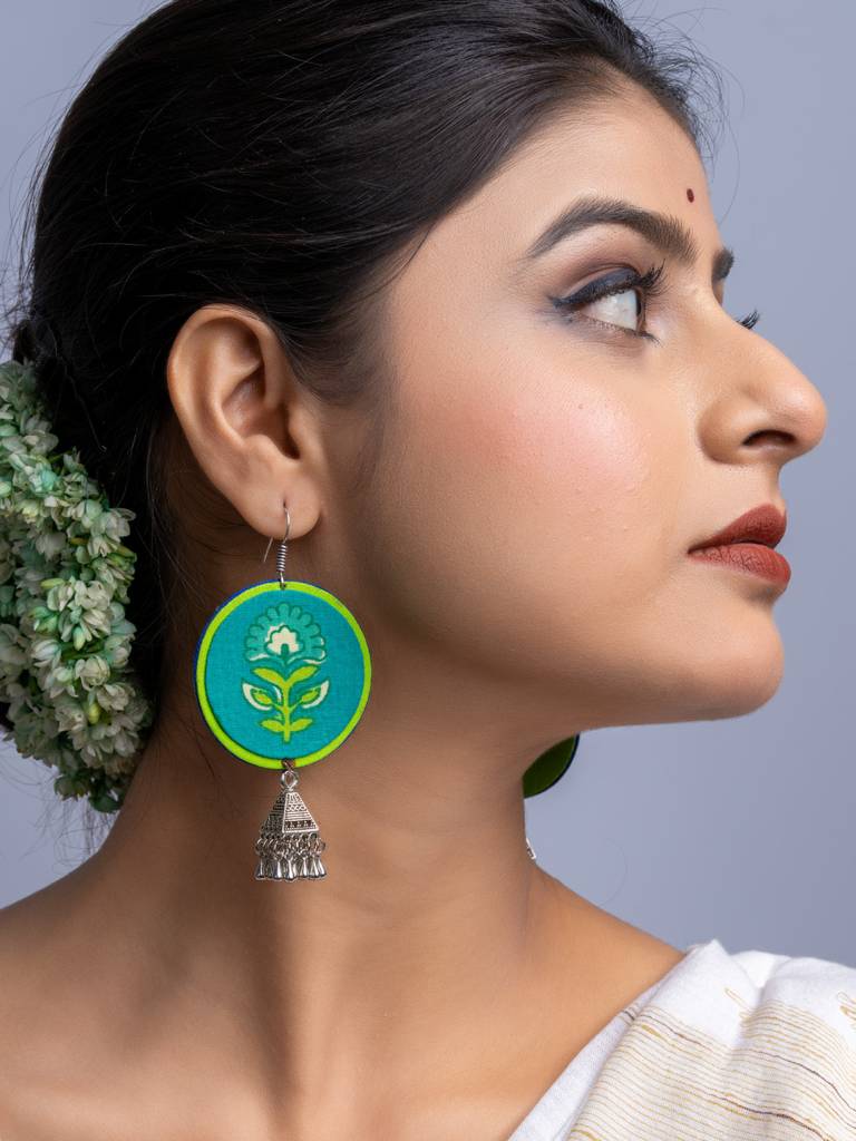 Teal Green Fabric German Silver Jhumka Earrings : LAAER671