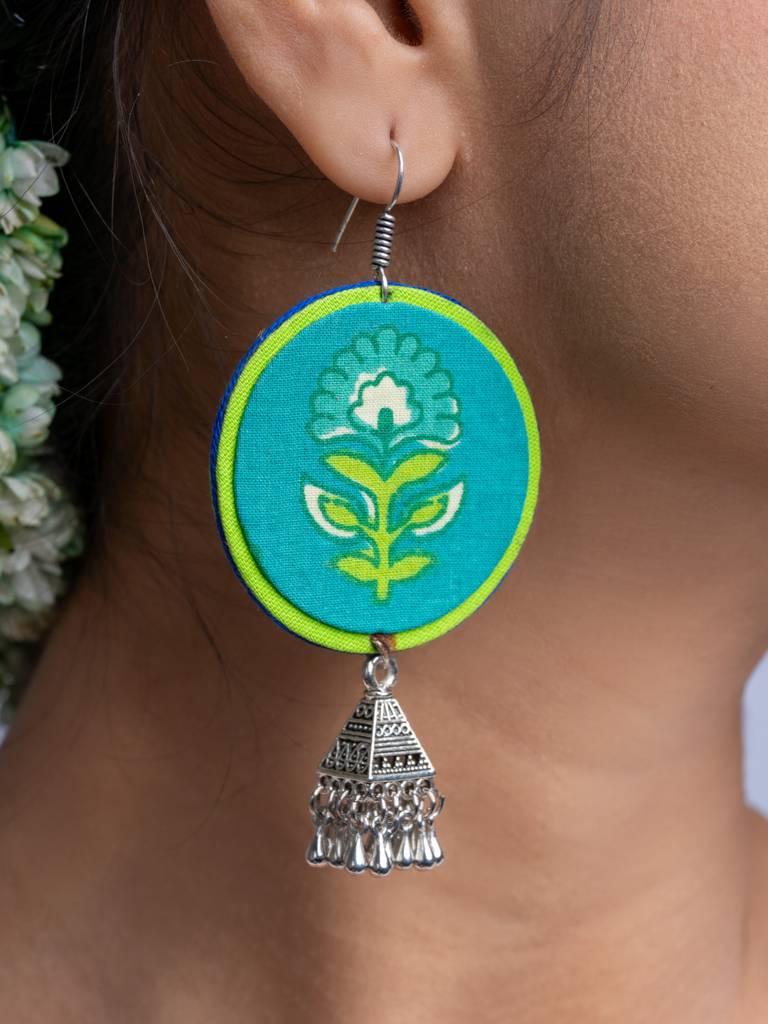 Teal Green Fabric German Silver Jhumka Earrings : LAAER671