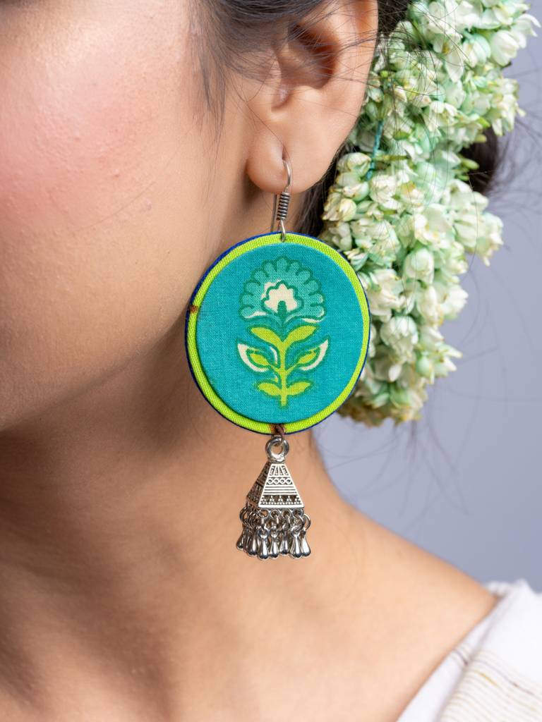 Teal Green Fabric German Silver Jhumka Earrings : LAAER671