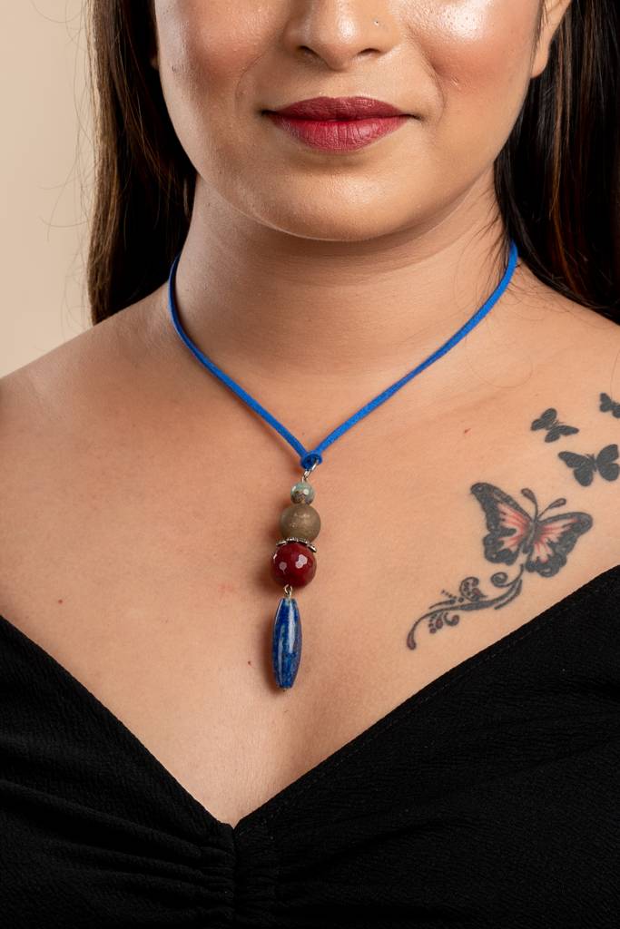 Handmade Jewelry With Mother Of Pearl Neckpiece Featuring Semi Precious Stones & Blue Suede Cord : LAANP27
