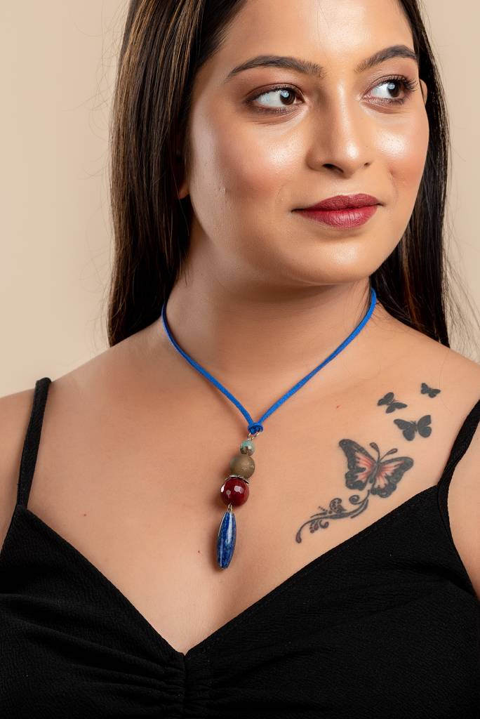 Handmade Jewelry With Mother Of Pearl Neckpiece Featuring Semi Precious Stones & Blue Suede Cord : LAANP27