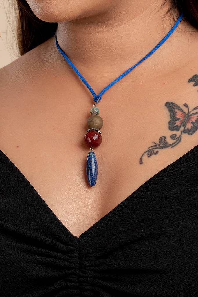 Handmade Jewelry With Mother Of Pearl Neckpiece Featuring Semi Precious Stones & Blue Suede Cord : LAANP27