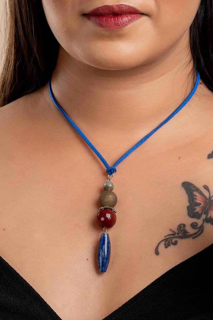 Handmade Jewelry With Mother Of Pearl Neckpiece Featuring Semi Precious Stones & Blue Suede Cord : LAANP27