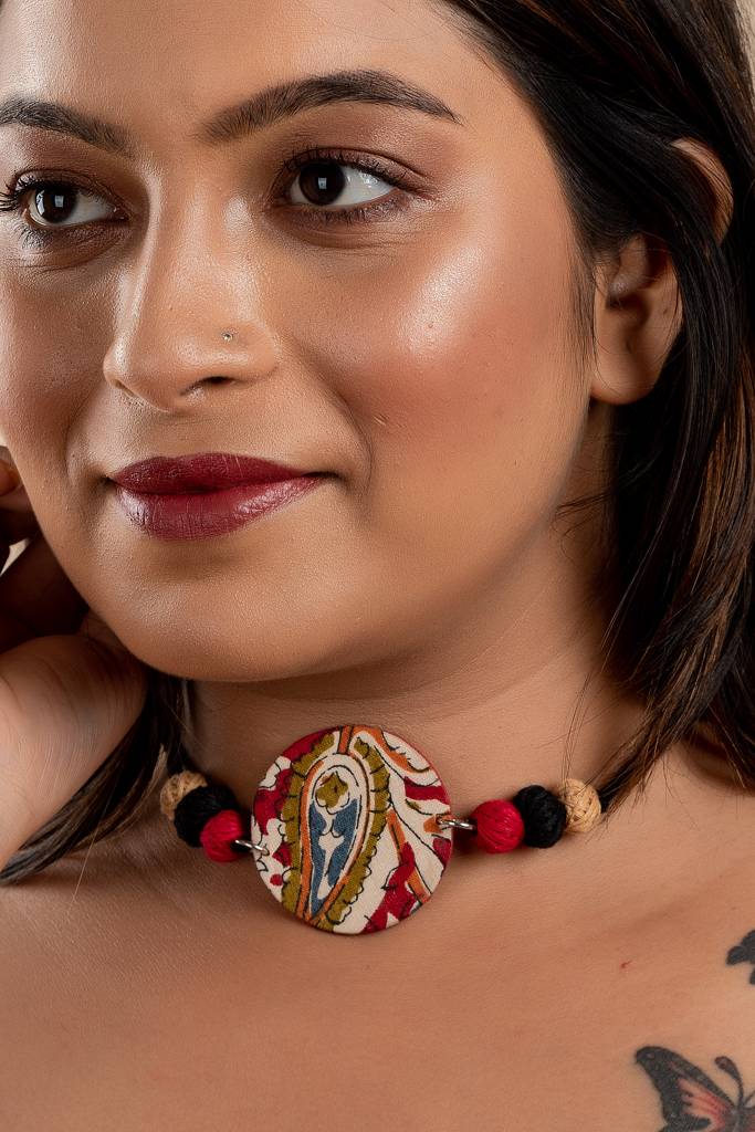 Fabric Handmade Choker Necklace With Kalamkari Design, Thread Balls, And Adjustable Dori For Women : LAANP11