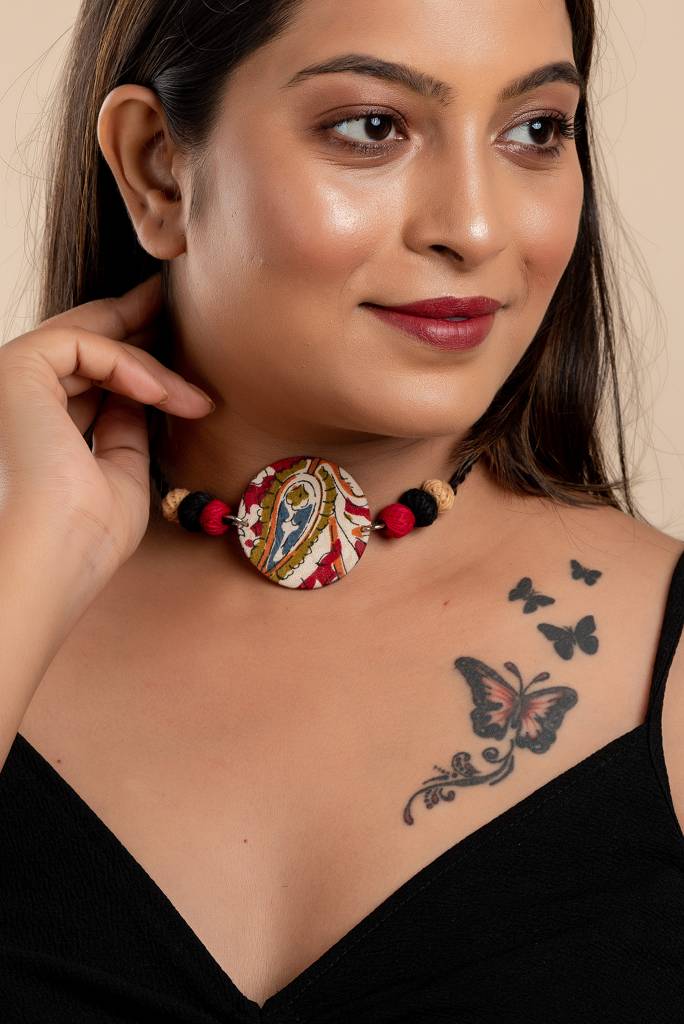 Fabric Handmade Choker Necklace With Kalamkari Design, Thread Balls, And Adjustable Dori For Women : LAANP11