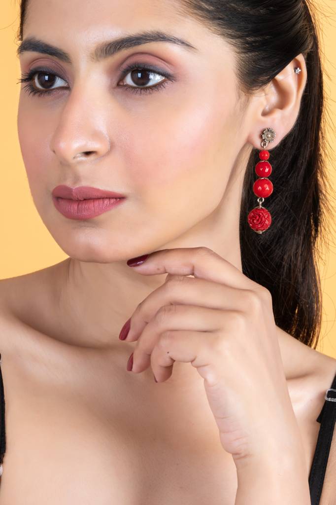 Handmade Red Onyx Cinnabar Floral Stud Dangler Earrings : LAAER623