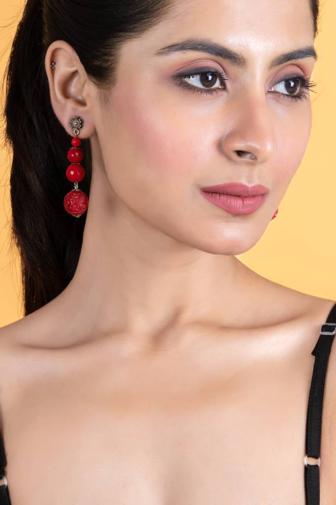 Handmade Red Onyx Cinnabar Floral Stud Dangler Earrings : LAAER623