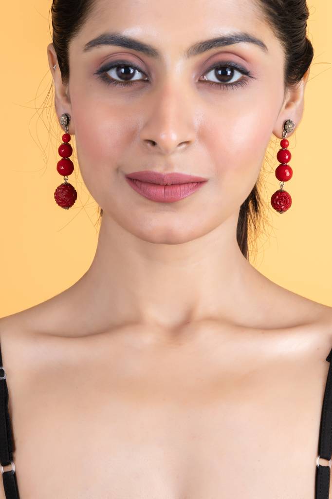 Handmade Red Onyx Cinnabar Floral Stud Dangler Earrings : LAAER623