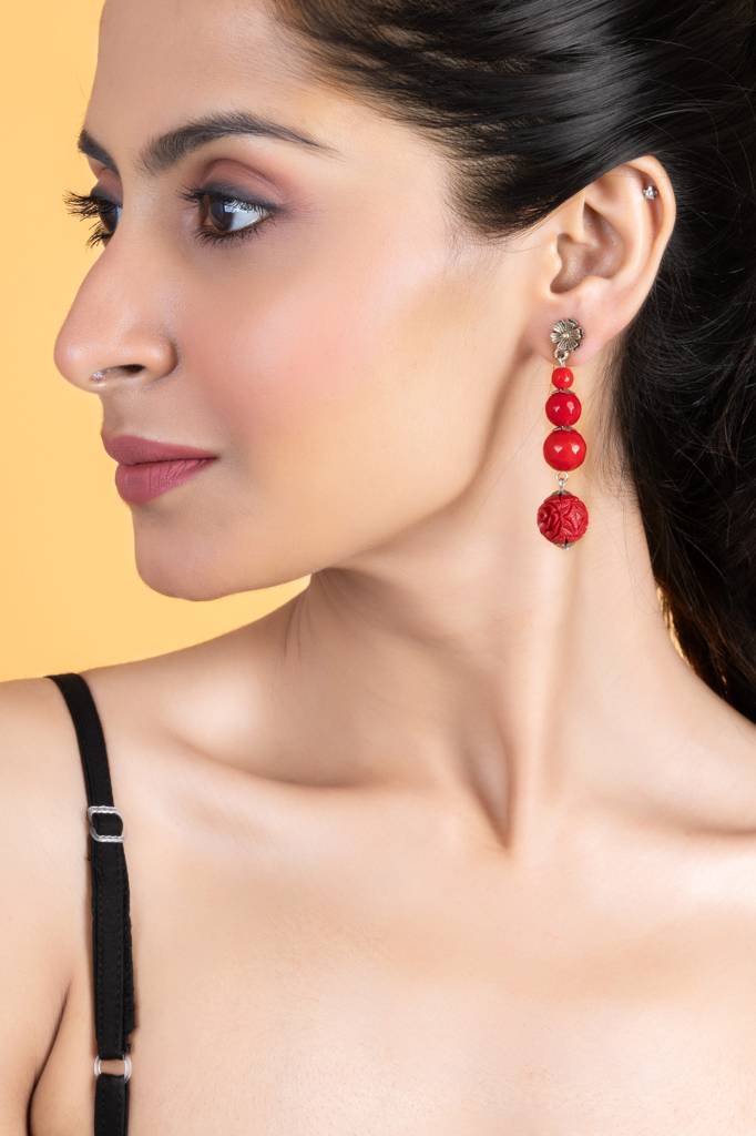 Handmade Red Onyx Cinnabar Floral Stud Dangler Earrings : LAAER623