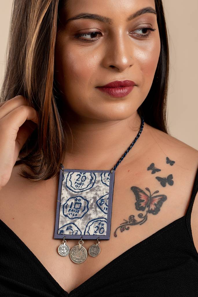 Grey Fabric Handmade Jewelry Neckpiece With German Silver Coin - Adjustable Dori : LAANP5