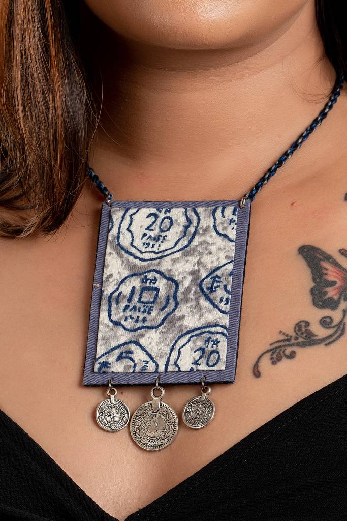 Grey Fabric Handmade Jewelry Neckpiece With German Silver Coin - Adjustable Dori : LAANP5