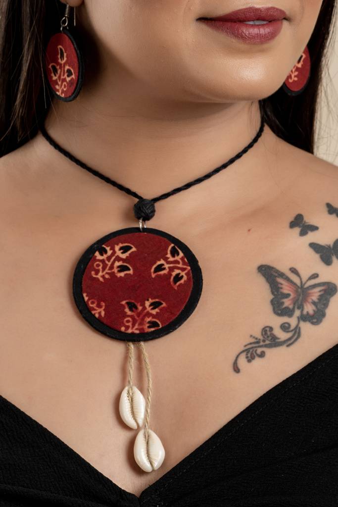 Handmade Fabric Lightweight Ajrakh Cotton Neckpiece Jewelry Set With Adjustable Dori & Earrings : LAANP4