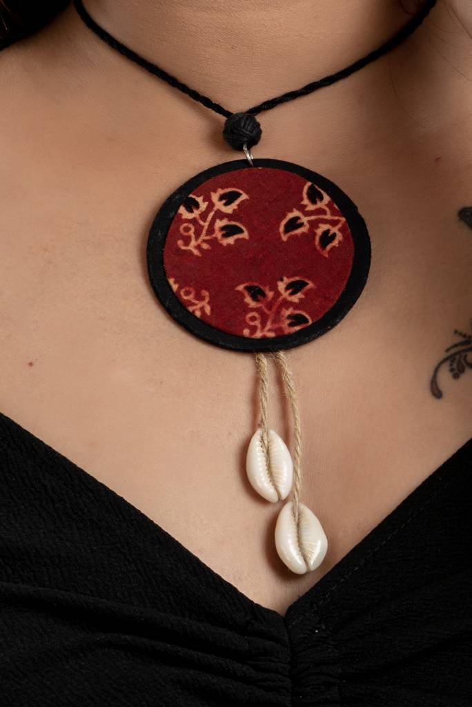 Handmade Fabric Lightweight Ajrakh Cotton Neckpiece Jewelry Set With Adjustable Dori & Earrings : LAANP4