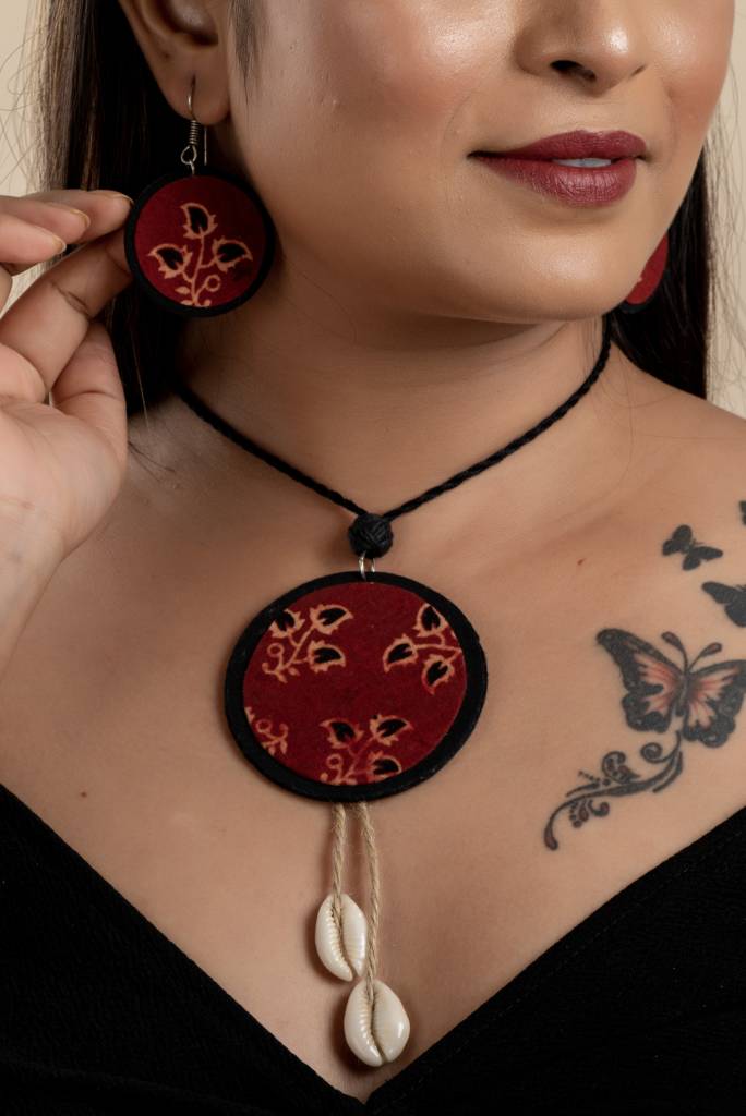 Handmade Fabric Lightweight Ajrakh Cotton Neckpiece Jewelry Set With Adjustable Dori & Earrings : LAANP4