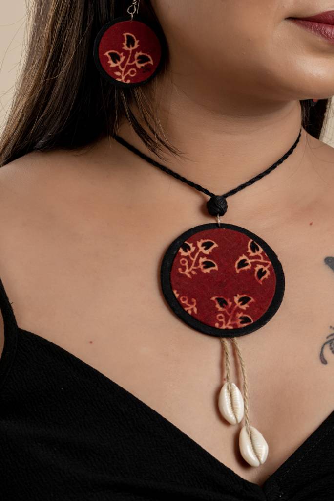 Handmade Fabric Lightweight Ajrakh Cotton Neckpiece Jewelry Set With Adjustable Dori & Earrings : LAANP4