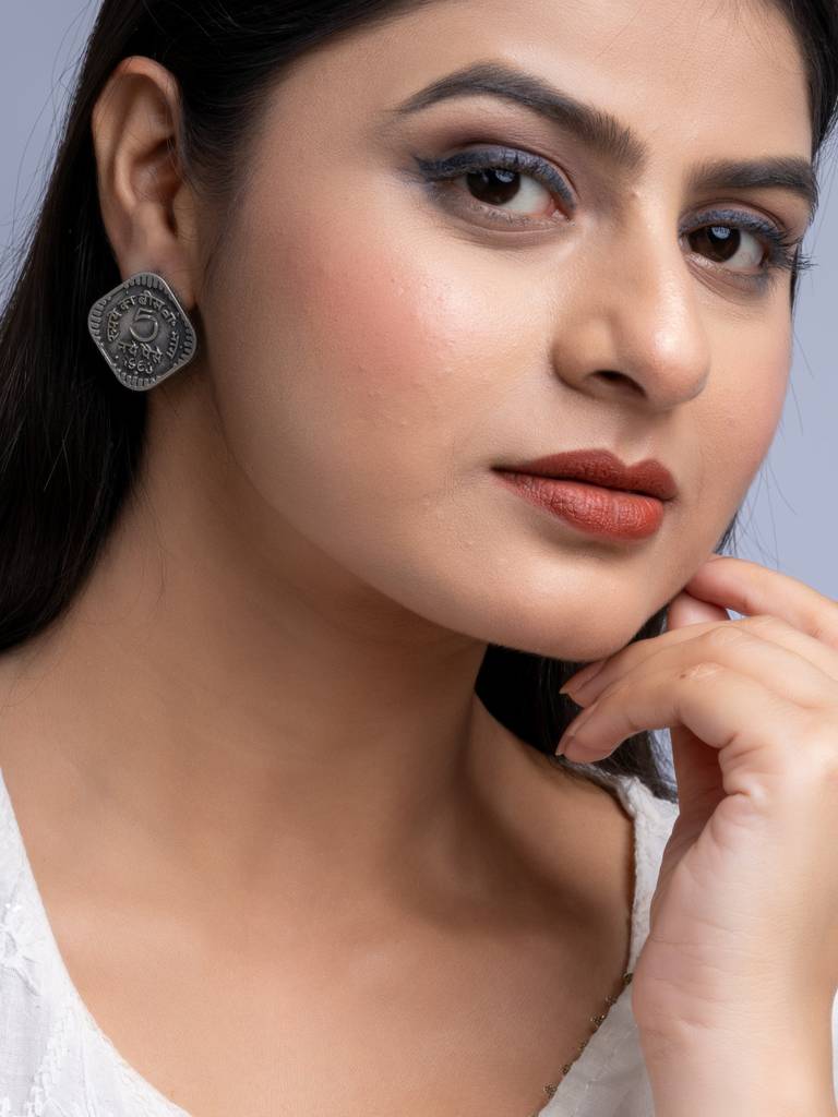 Oxidised Silver 5 Paise Stud Earrings : LAAER675