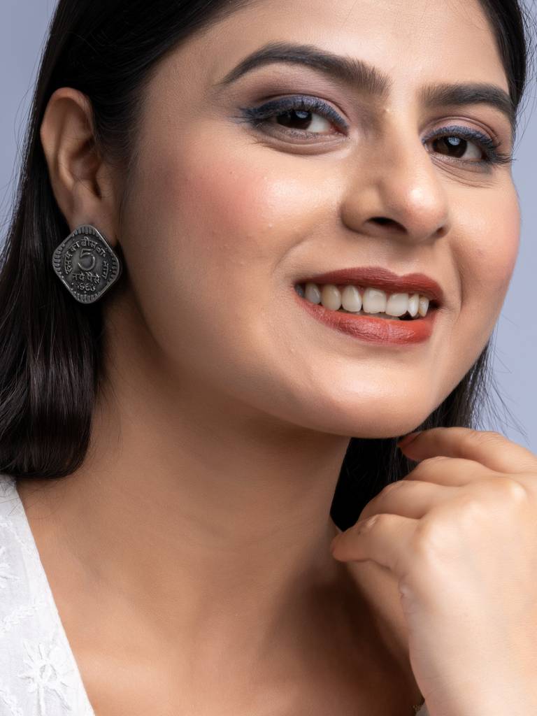 Oxidised Silver 5 Paise Stud Earrings : LAAER675