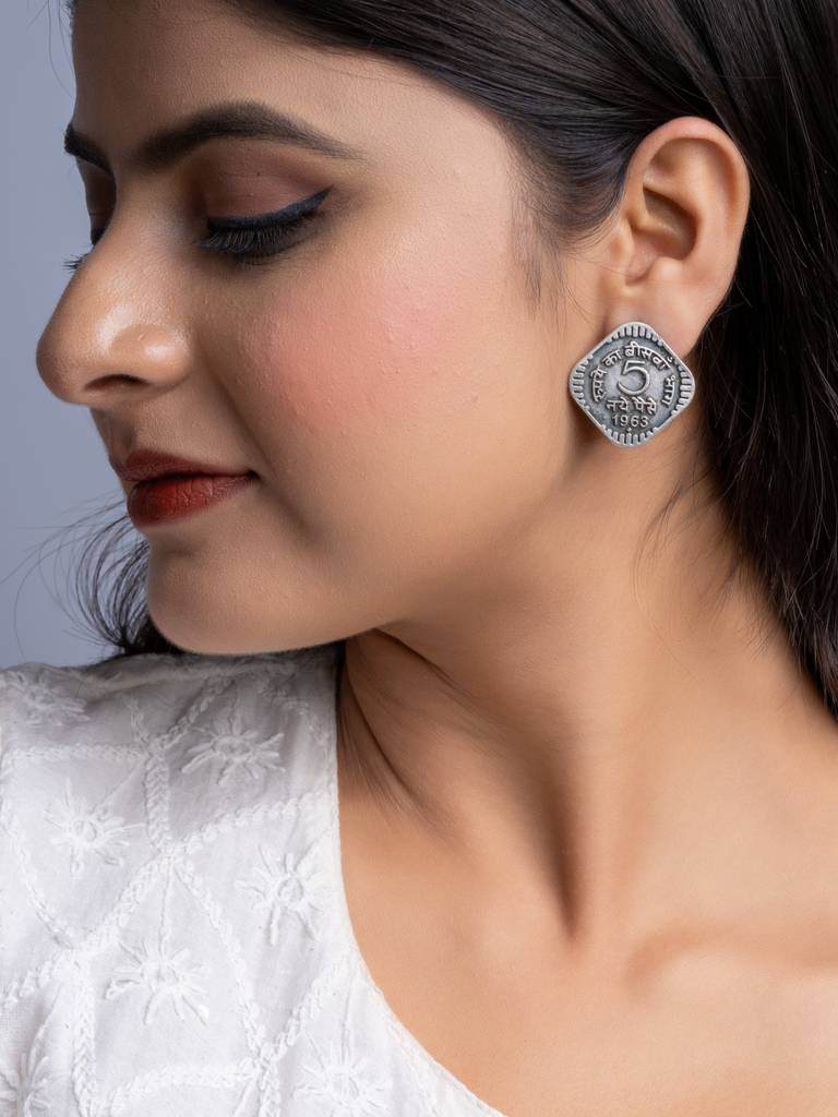 Oxidised Silver 5 Paise Stud Earrings : LAAER675