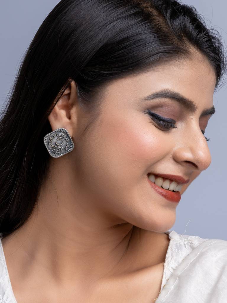 Oxidised Silver 5 Paise Stud Earrings : LAAER675
