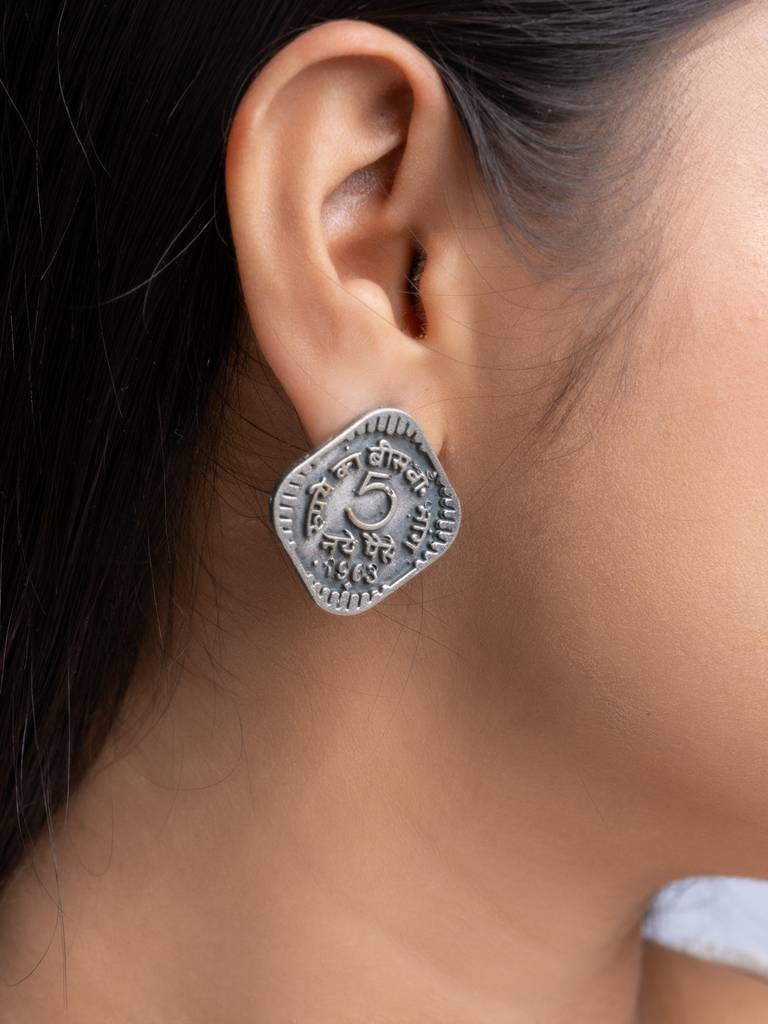 Oxidised Silver 5 Paise Stud Earrings : LAAER675