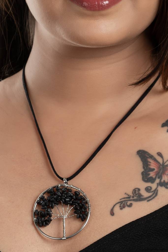 Semi Precious Black Onyx Tree Of Life Pendant Necklace With Adjustable Suede Cord For Women : LAANP57