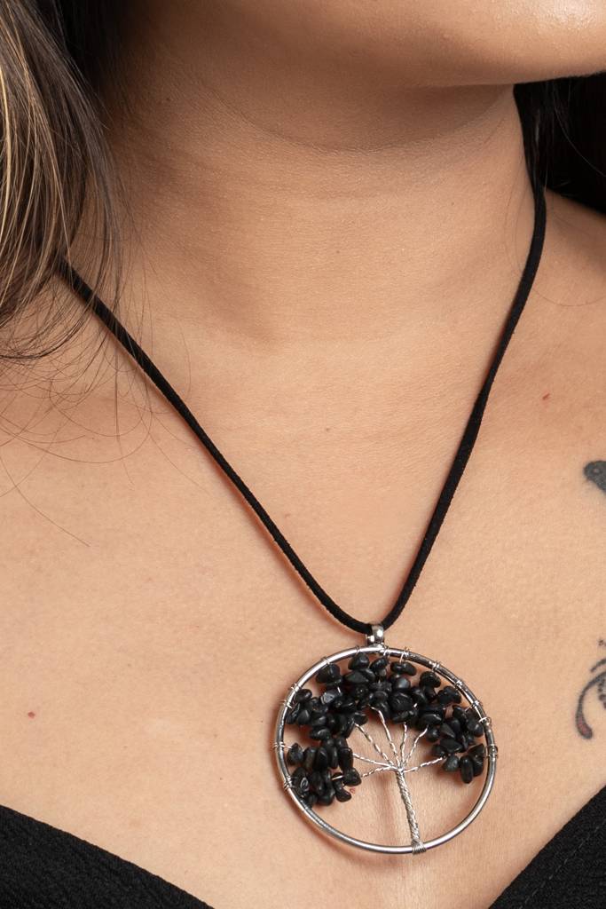 Semi Precious Black Onyx Tree Of Life Pendant Necklace With Adjustable Suede Cord For Women : LAANP57