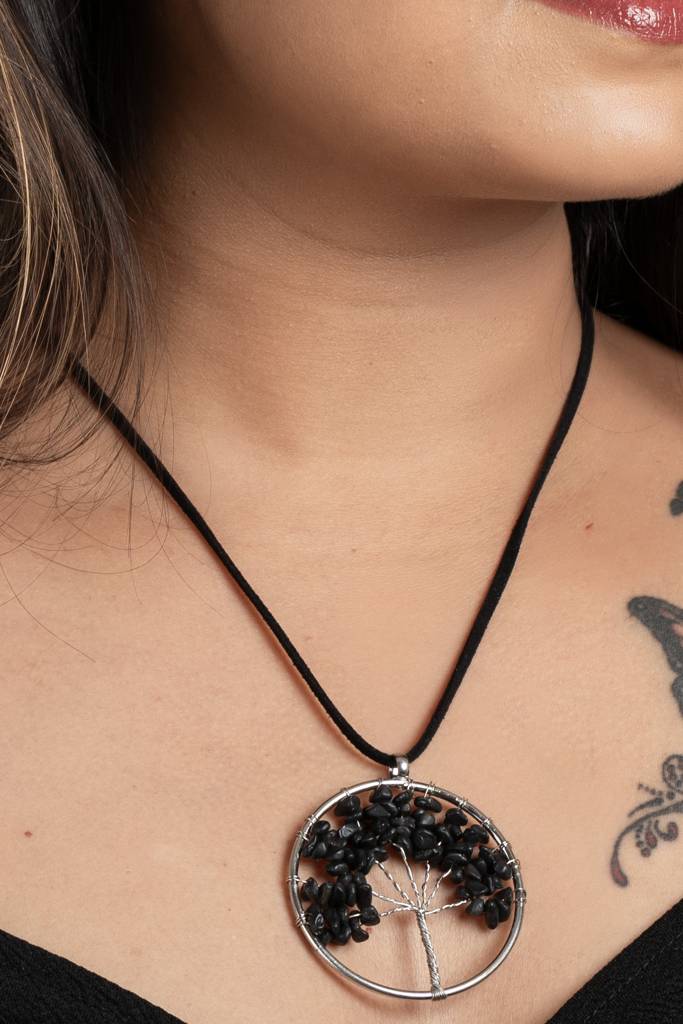 Semi Precious Black Onyx Tree Of Life Pendant Necklace With Adjustable Suede Cord For Women : LAANP57